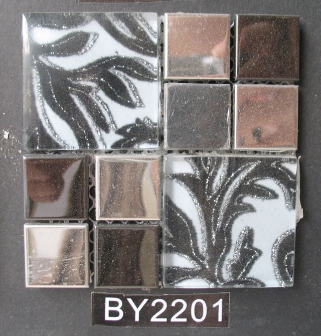 金西利马赛克 黑玻璃银金属接叶子BY2201 长20mm×宽20mm+长40mm×宽40mm×厚3mm 金属+玻璃 印花烧结 银色拼花